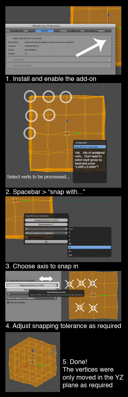 how to use the axis constrainable snap & remove doubles tools